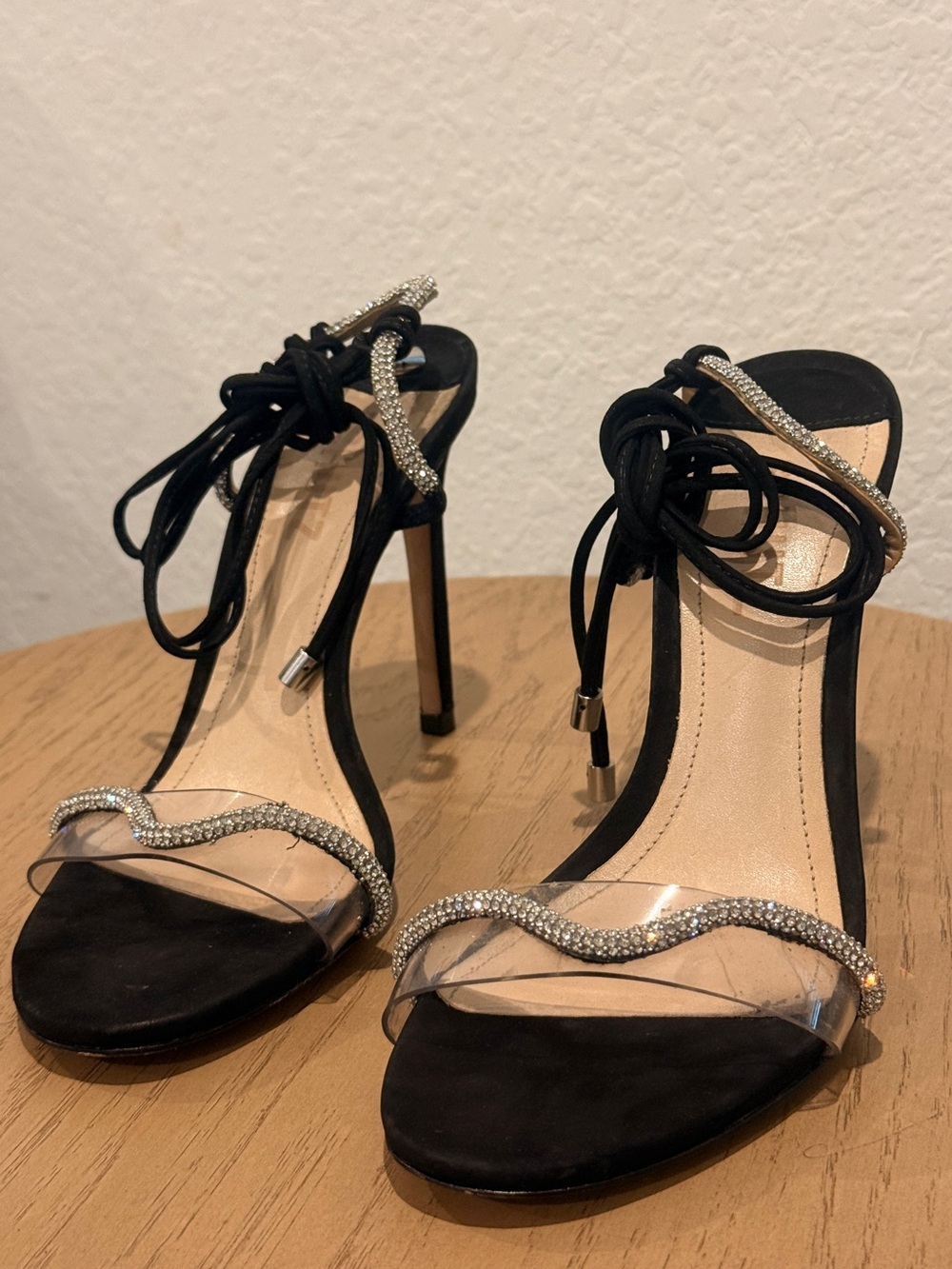 SCHUTZ Black Crystal-Trim Lace-Up Stiletto Sandals